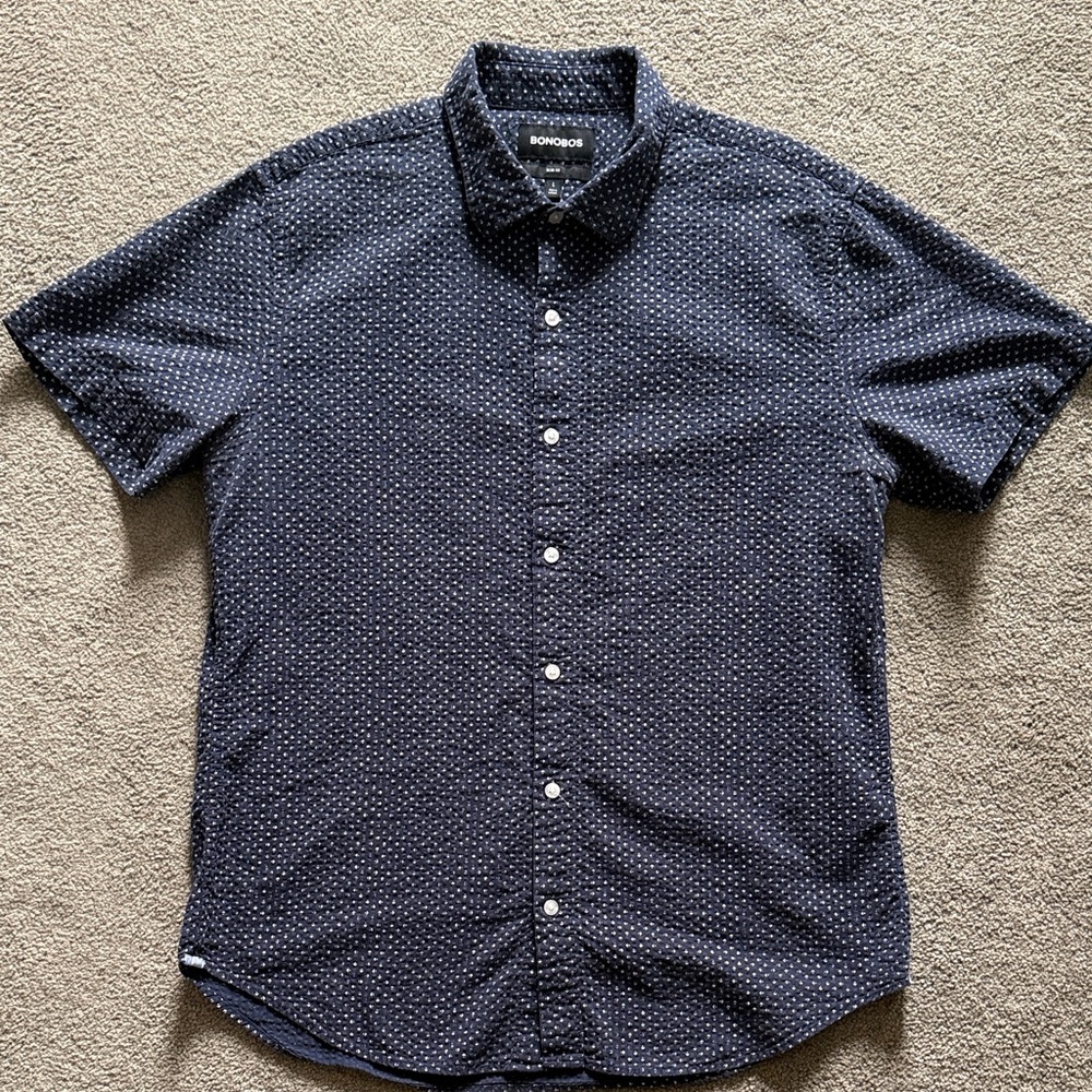 Bonobos Men's Dark Blue Patterned Short Sleeve Shirt - Large - Slim Fit